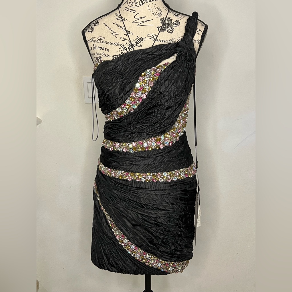 Terani Black Short Sparkly One-Shoulder Dress